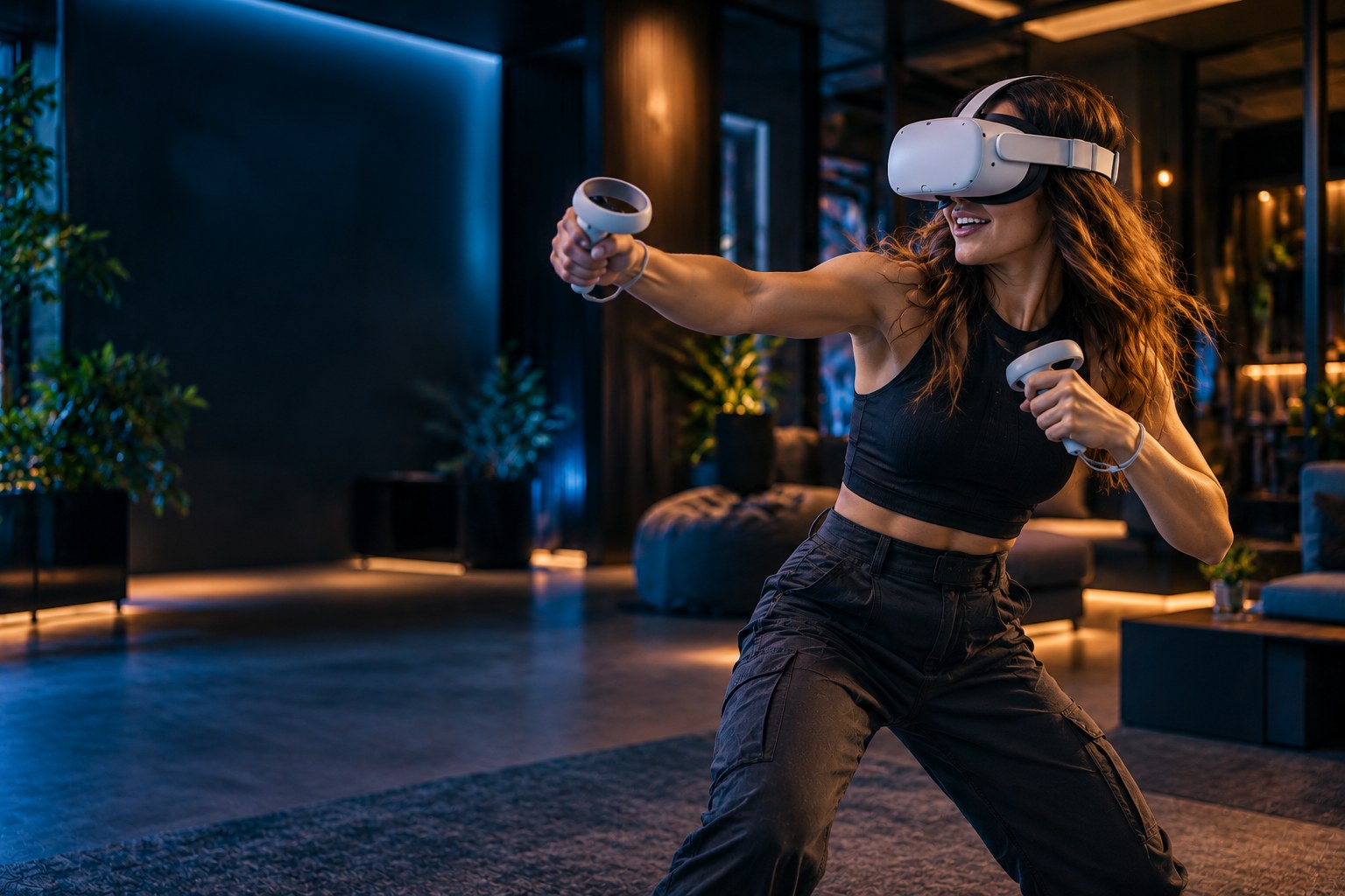 Erwachsene Spielerin mit VR-Headset und Controllern in einer modernen VR-Lounge