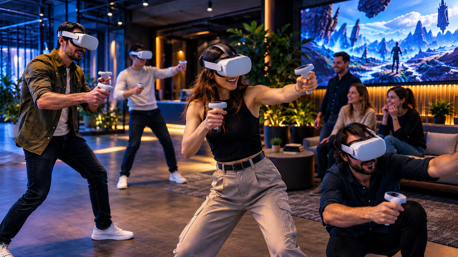 Erwachsene Gruppe erlebt gemeinsam ein VR-Event in einer beleuchteten VR-Zone